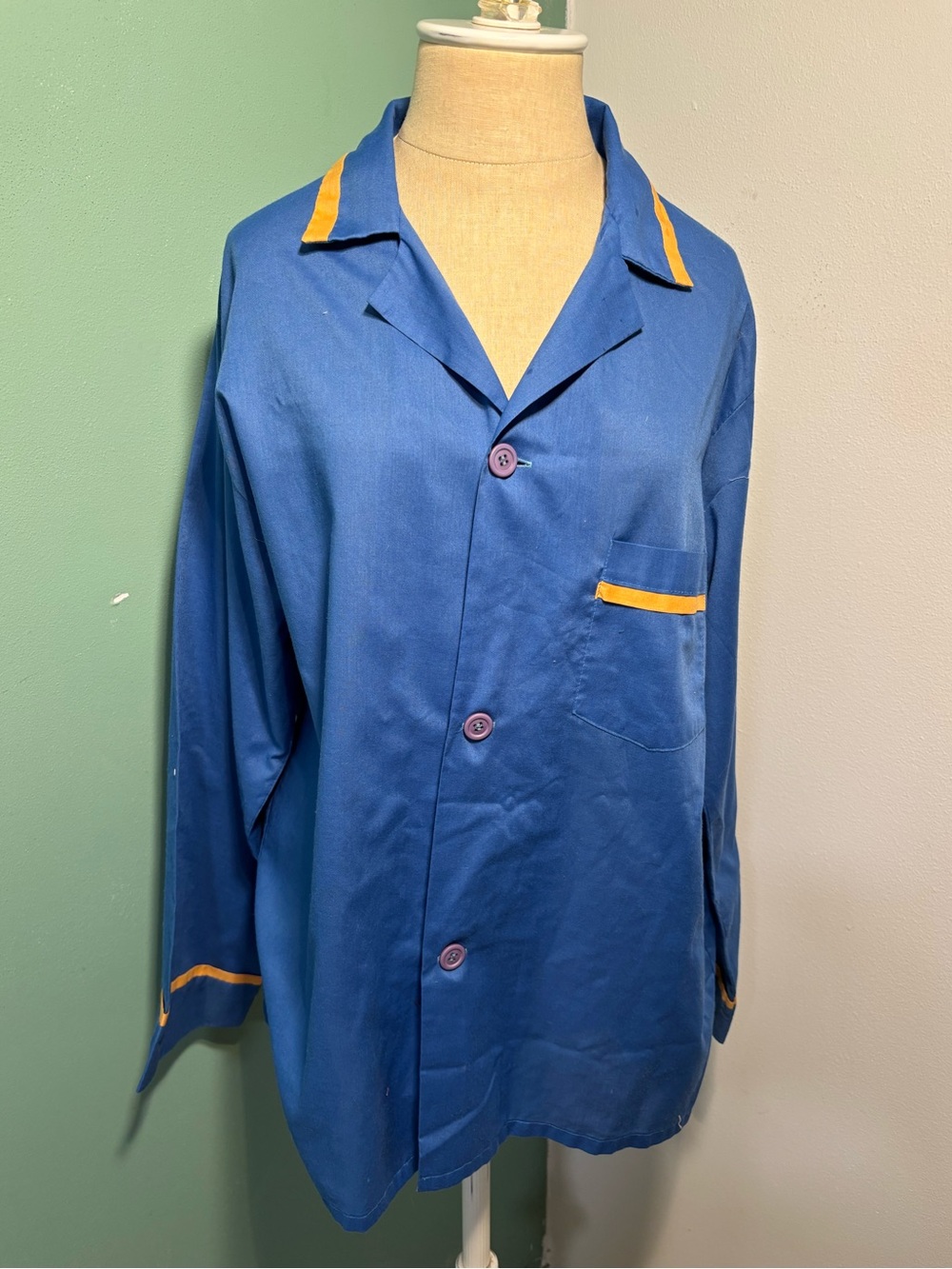 Vintage Sears Blue Button-Front Pajama Shirt with Yellow Trim